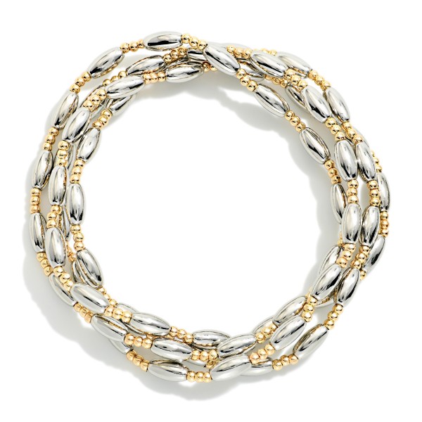 Set Of Four Metal Tone Cylinder Bead Beaded Stretch Bracelets 

- Approximately 2.5" D