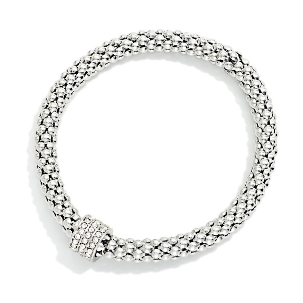 Metal Tone Popcorn Link Bracelet Featuring Rhinestone Detail 

- Approximately 2.25" D