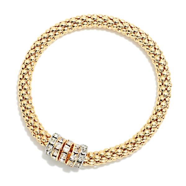 Metal Tone Mesh Stretch Bracelet Featuring Beaded Rhinestone Disks

- Approximately 2.5" D