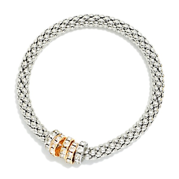 Metal Tone Mesh Stretch Bracelet Featuring Beaded Rhinestone Disks

- Approximately 2.5" D