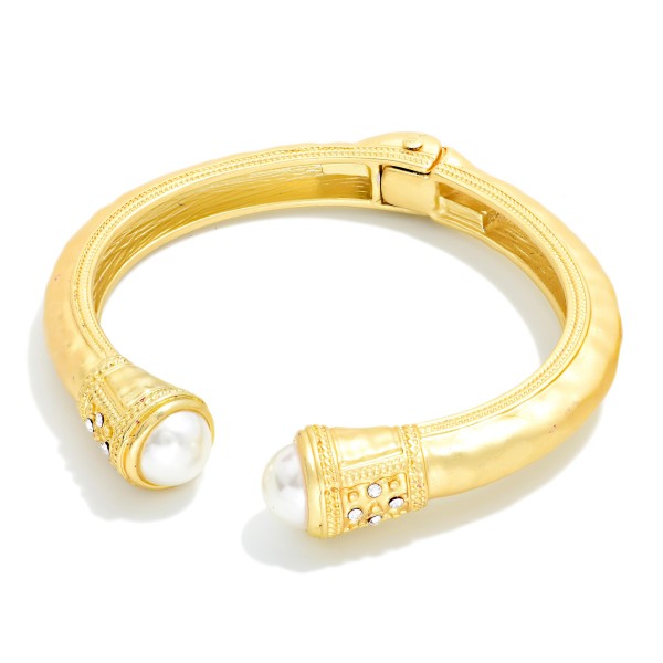 Hammered Metal Hinged Cuff Bracelet With Pearl Edges 

- Approximately 2.25" D