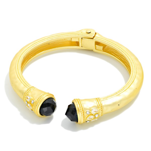 Hammered Metal Hinged Cuff Bracelet With Rhinestone Edges 

- Approximately 2.25" D