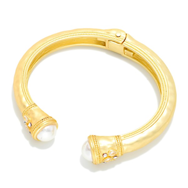 Hammered Metal Hinged Cuff Bracelet With Pearl Edges 

- Approximately 3" D