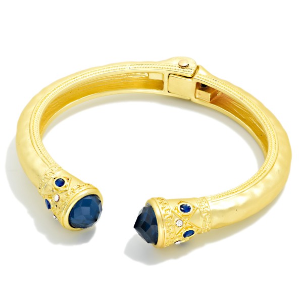 Hammered Metal Hinged Cuff Bracelet With Aztec Detail & Rhinestone Edges 

- Approximately 2.25" D