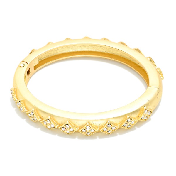 Metal Hinged Bangle Bracelet Featuring Diamond Pattern With Rhinestone Detailing 

- Approximately 3" D