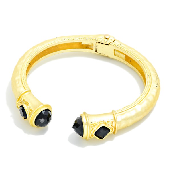 Hammered Metal Hinged Cuff Bracelet With Rhinestone Edges 

- Approximately 2.25" D