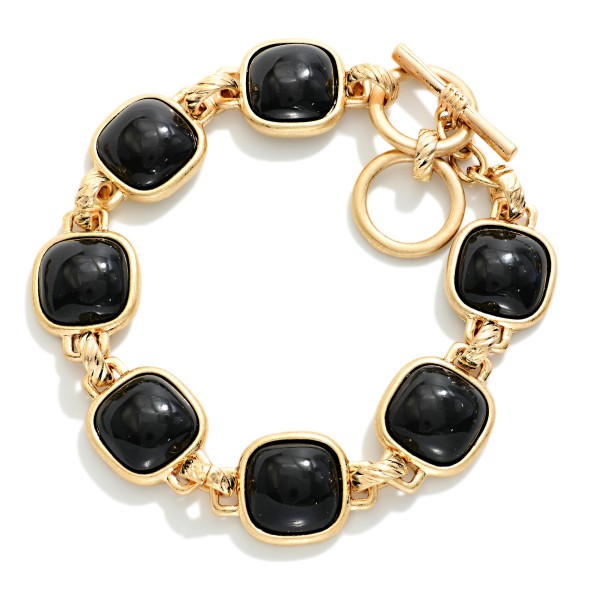 Metal Tone Bracelet Featuring Glitter Resin Squared Stations With Toggle Clasp  

- Approximately 3.5