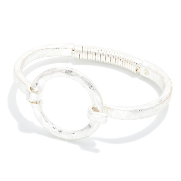 Hammered Metal Hinged Bangle Bracelet Featuring Hollow Circle

- Approximately 2.5" D