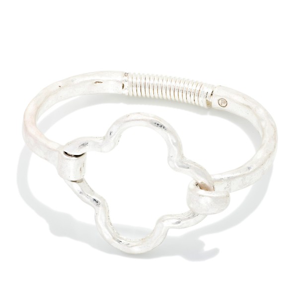 Hammered Metal Hinged Bangle Bracelet Featuring Hollow Clover 

- Approximately 2.5" D
