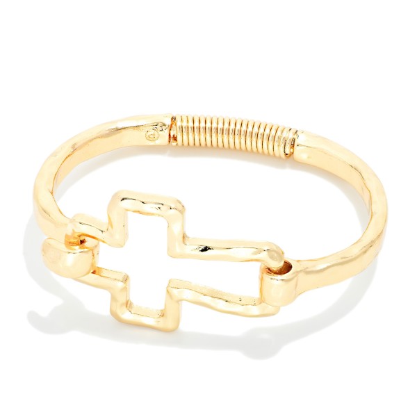 Hammered Metal Hinged Bangle Bracelet Featuring Hollow East West Cross 

- Approximately 2.5" D