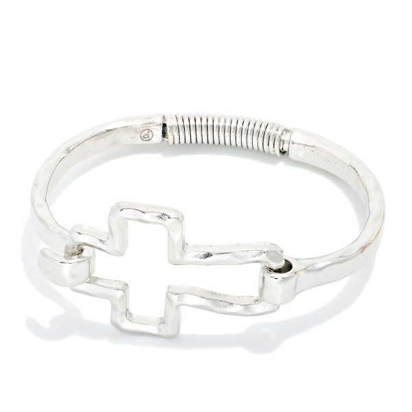 Hammered Metal Hinged Bangle Bracelet Featuring Hollow East West Cross 

- Approximately 2.5" D
