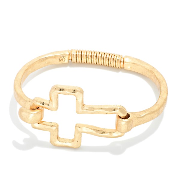 Hammered Metal Hinged Bangle Bracelet Featuring Hollow East West Cross 

- Approximately 2.5" D