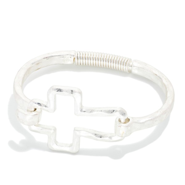 Hammered Metal Hinged Bangle Bracelet Featuring Hollow East West Cross 

- Approximately 2.5" D