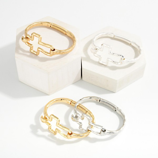 Hammered Metal Hinged Bangle Bracelet Featuring Hollow East West Cross 

- Approximately 2.5" D