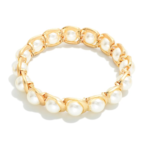 Metal Tone & Pearl Beaded Stretch Bracelet

- Approximately 2.5" D

