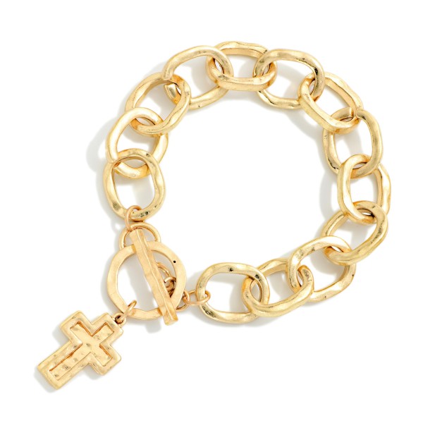 Hammered Metal Chain Link Bracelet With Toggle Clasp & Cross Charms 

- Approximately 3" D