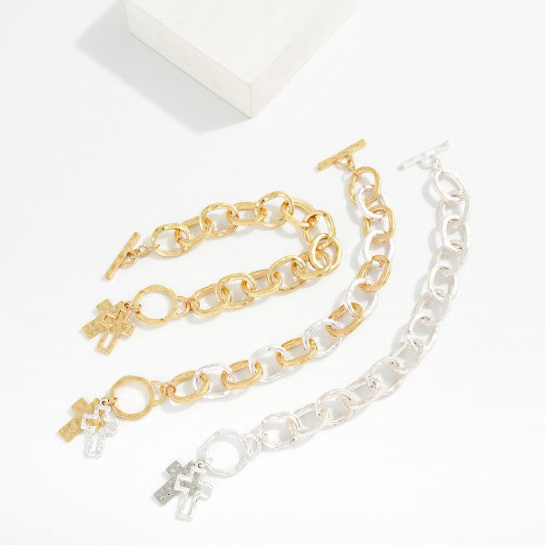 Hammered Metal Chain Link Bracelet With Toggle Clasp & Cross Charms 

- Approximately 3" D