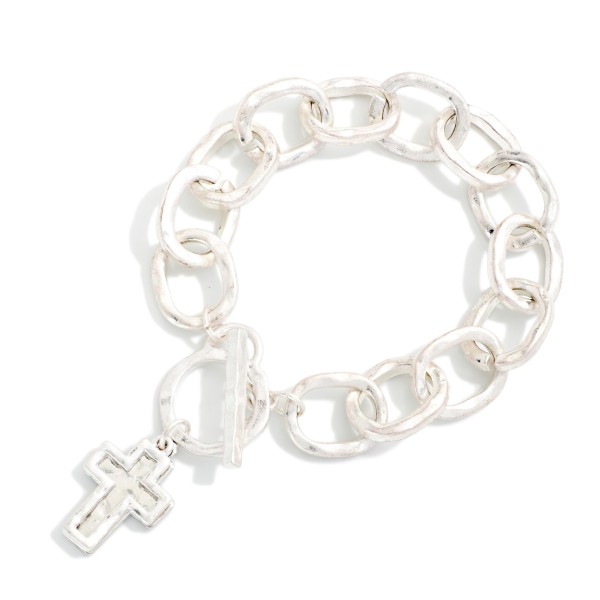 Hammered Metal Chain Link Bracelet With Toggle Clasp & Cross Charms 

- Approximately 3" D