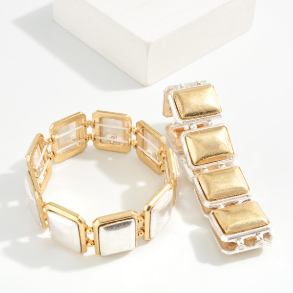 Two Tone Metal Squared Stretch Bracelet 

- Approximately 3" L 