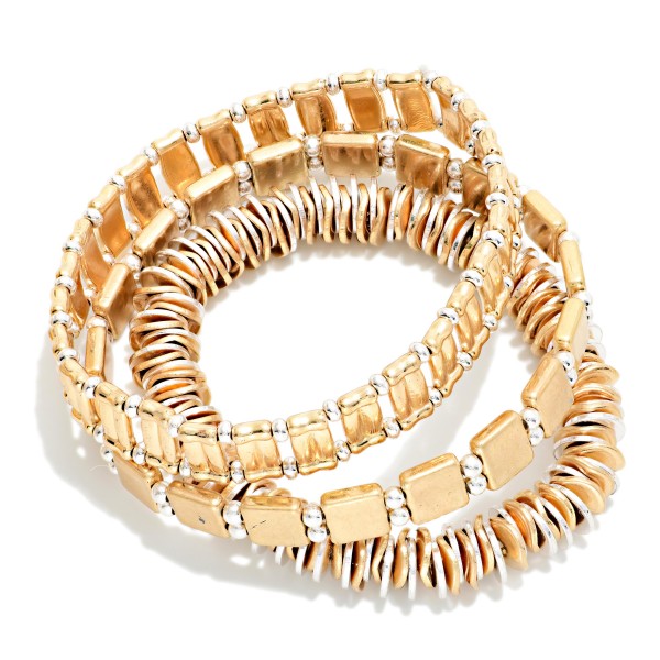 Set Of Three Mixed Bead Stretch Bracelet Featuring Two Tones

- Approximately 3" D 
