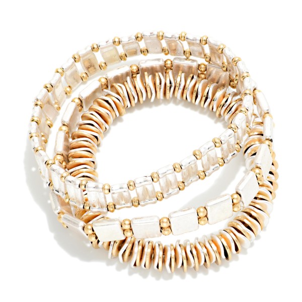 Set Of Three Mixed Bead Stretch Bracelet Featuring Two Tones 

- Approximately 3" D 
