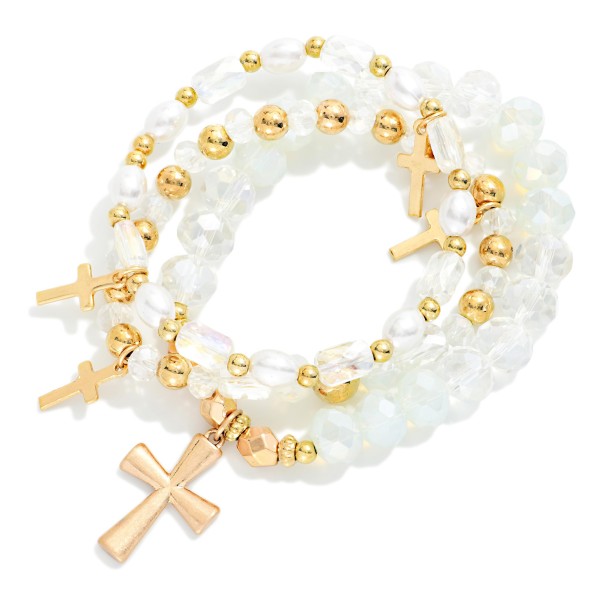Set Of Three Beaded Stretch Bracelets Featuring Faceted Beads, Pearls, & Cross Charms 

- Approximately 2.5" D