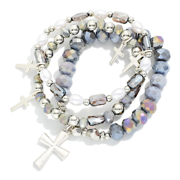 Set Of Three Beaded Stretch Bracelets Featuring Faceted Beads, Pearls, & Cross Charms 

- Approximately 2.5" D