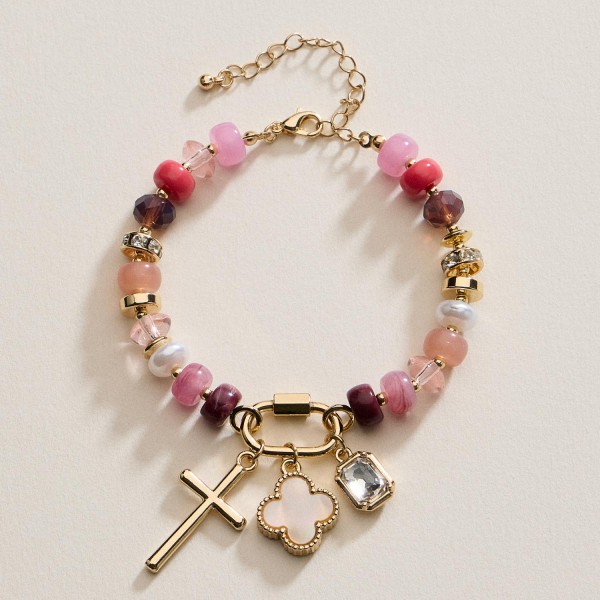 Beaded Bracelet Featuring Cross, Pearlescent Clover, & Rhinestone Charms 

- Approximately 2.5" D