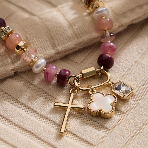 Beaded Bracelet Featuring Cross, Pearlescent Clover, & Rhinestone Charms 

- Approximately 2.5" D