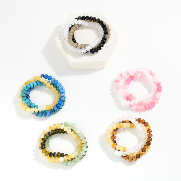 Set Of Three Marbled Acetate Bead Beaded Stretch Bracelet 

- Approximately 3" D