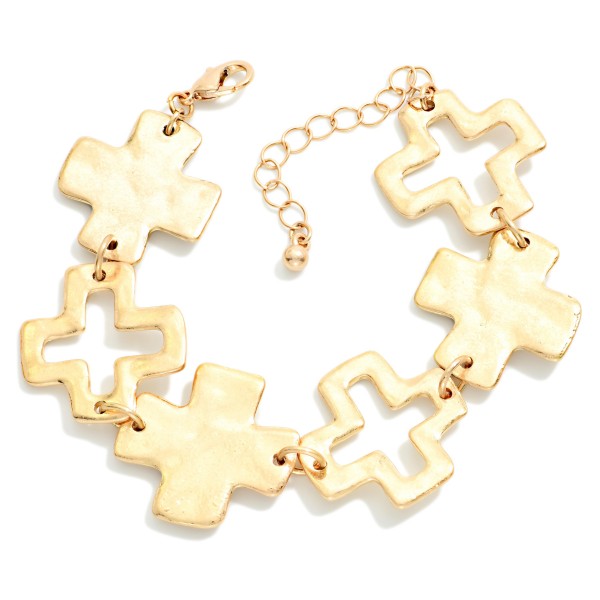 Metal Tone Chain Linked Bracelet Featuring Hammered Metal Plus Cross Bracelet 

- Approximately 3" D 
