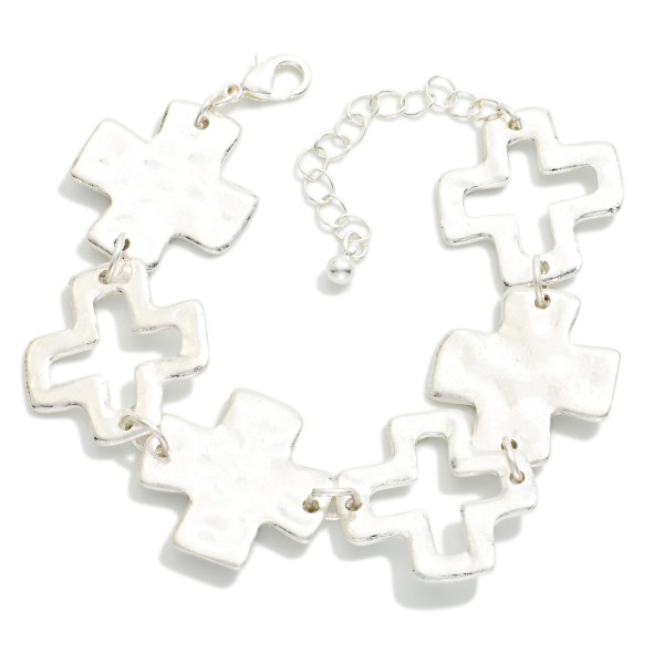 Metal Tone Chain Linked Bracelet Featuring Hammered Metal Plus Cross Bracelet 

- Approximately 3" D 
