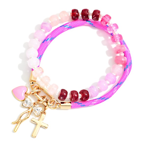 Set Of Two Marbled Acetate Bead Beaded Bracelet Featuring Rope Bracelet With Cross,Heart, And Bow Charm

- Approximately 3" D 