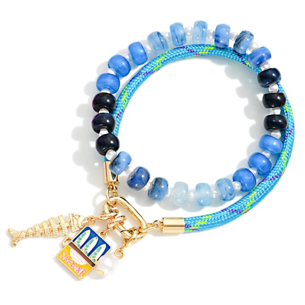 Set Of Two Marbled Acetate Bead Beaded Bracelet Featuring Rope Bracelet With Fish,Sardine Box, And Pearl Charm

- Approximately 3" D 