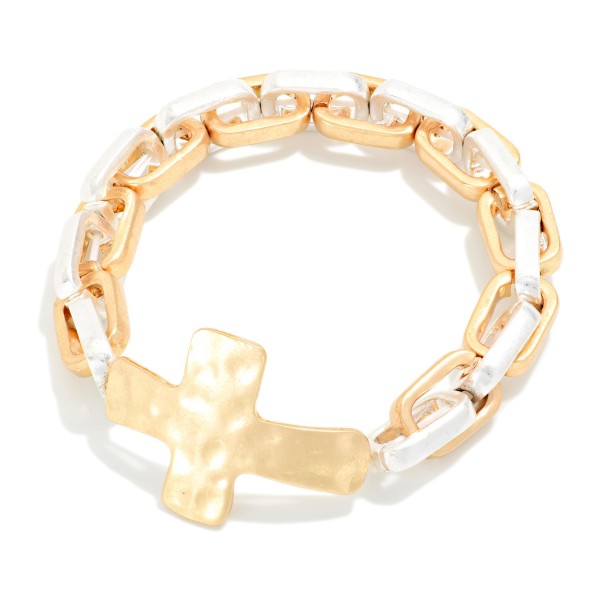 Metal Paperclip Chain Link Bracelet Featuring Hammered Metal Cross

- Approximately 3" D