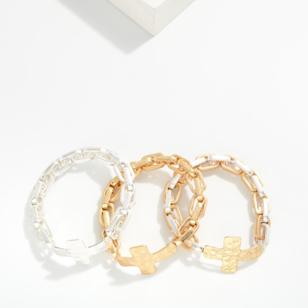 Metal Paperclip Chain Link Bracelet Featuring Hammered Metal Cross

- Approximately 3" D