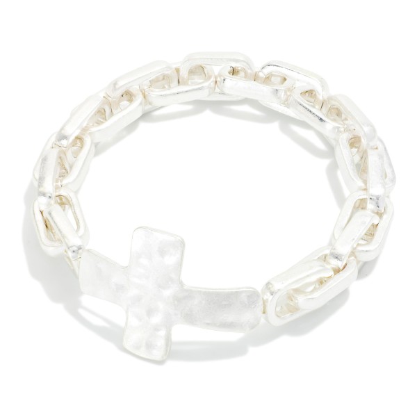 Metal Paperclip Chain Link Bracelet Featuring Hammered Metal Cross

- Approximately 3" D