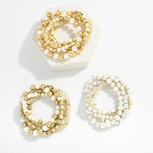 Set Of 5 Beaded Stretch Bracelets Featuring Pearls, Metal Tones, & Faceted Beads 

- Approximately 2.75" D