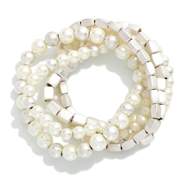 Set Of 5 Beaded Stretch Bracelets Featuring Pearls, Metal Tones, & Faceted Beads 

- Approximately 2.75" D