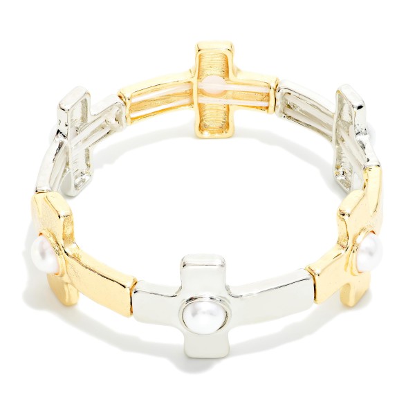 Metal Tone East West Cross Stretch Bracelet Featuring Pearls 

- Approximately 2.5" D 