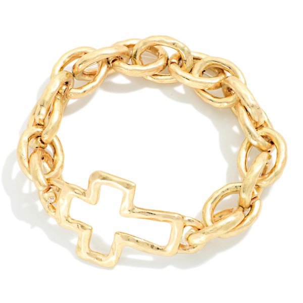 Chunky Chain Link Stretch Bracelet Featuring Hollow East West Cross 

- Approximately 3" D