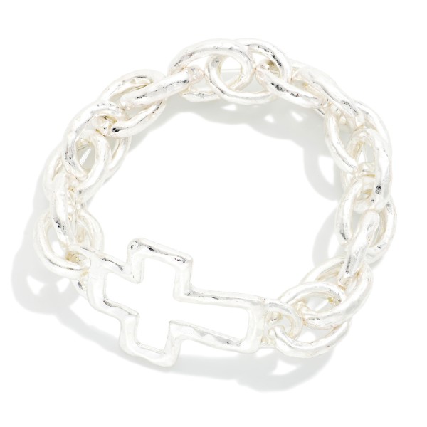 Chunky Chain Link Stretch Bracelet Featuring Hollow East West Cross 

- Approximately 3" D
