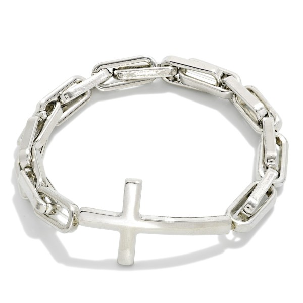 Chain Link Stretch Bracelet Featuring Metal Tone East West Cross 

- Approximately 2.5" D
