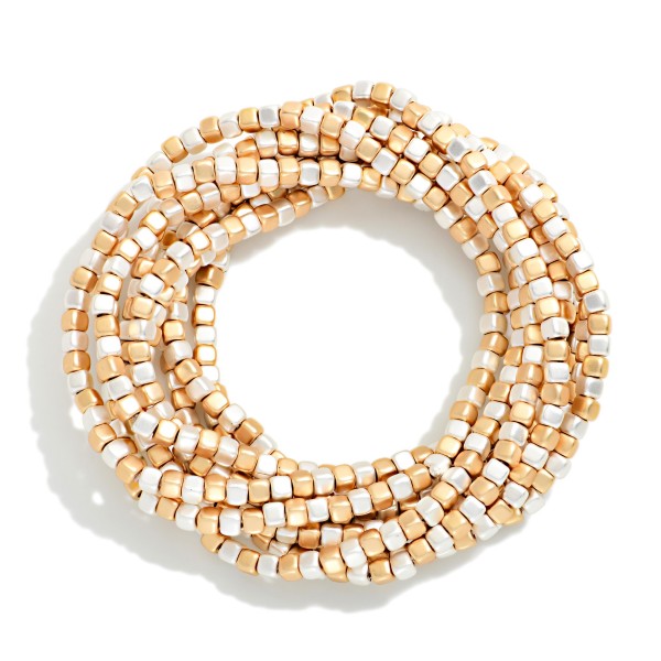 Set Of 9 Matte Metal Square Bead Beaded Stretch Bracelets 

- Approximately 2.5" D