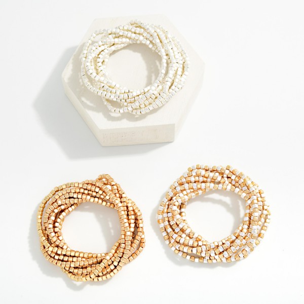 Set Of 9 Matte Metal Square Bead Beaded Stretch Bracelets 

- Approximately 2.5" D