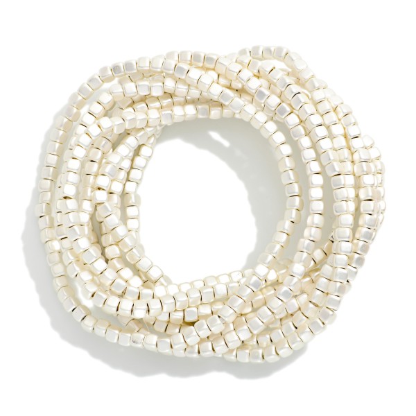 Set Of 9 Matte Metal Square Bead Beaded Stretch Bracelets 

- Approximately 2.5" D