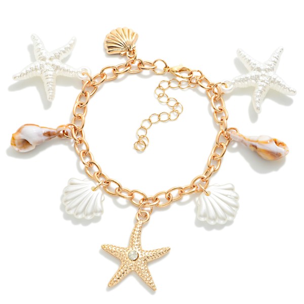 Chain Link Bracelet Featuring Pearl Starfish & Shell Charms 

- Approximately 3.25" D