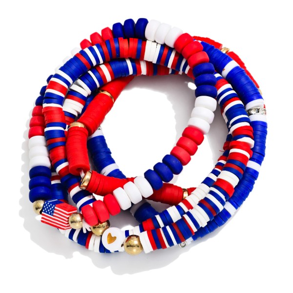 Set Of Six Red, White, & Blue "USA" Heishi Bead Stretch Bracelets 

- Approximately 3.25" D 