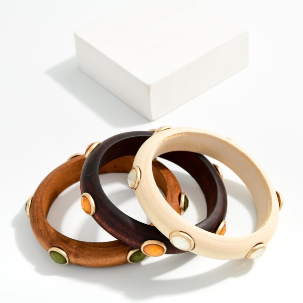 Wood Bangle Bracelet With Oval Acetate Details 

- Approximately 2.5" D