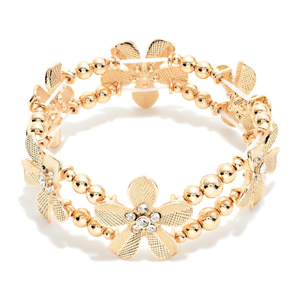 Metal Tone Flower & Bead Beaded Stretch Bracelet 

- Approximately 2.5" D